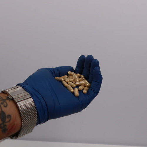 Hand wearing a blue glove holding Ashwagandha Capsules