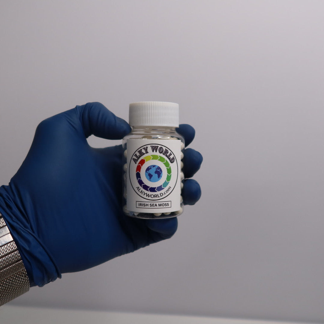 Hand wearing a blue glove holding a bottle labeled Irish Seamoss Capsules